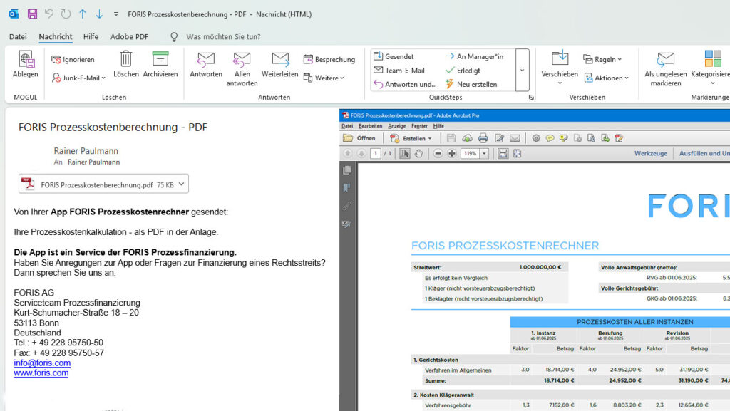 Mit FORIS-Prozesskostenrechner-App versendete E-Mail mit Kalkulation als PDF in der Anlage