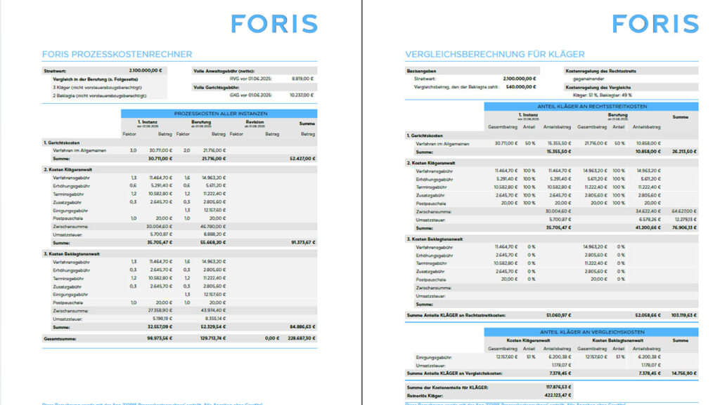 Mit FORIS-Prozesskostenrechner-App erstelltes und versendetes PDF mit Vergleichsberechnung