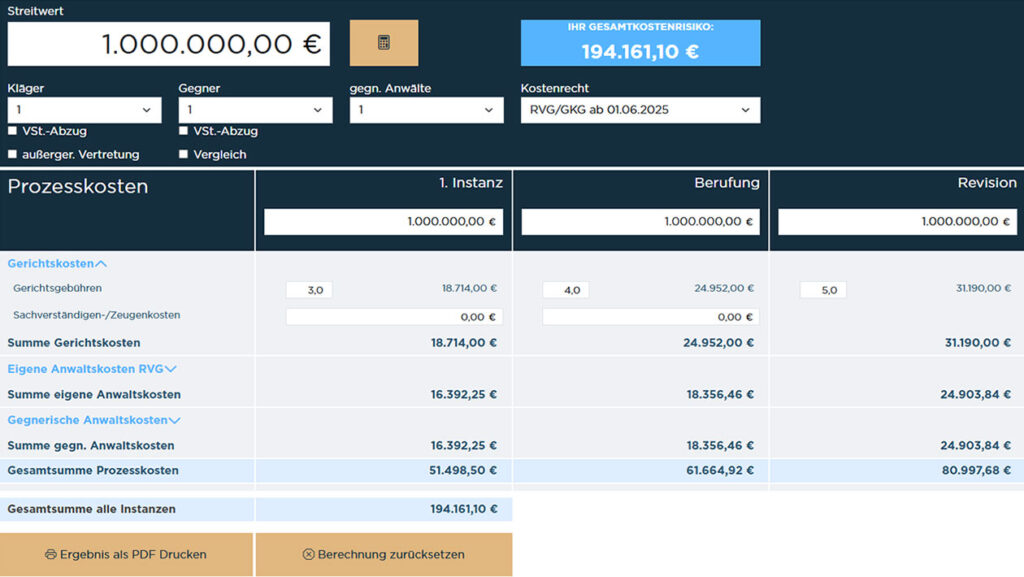 Prozesskostenrechner Screenshot, Berechnungsgrundlage, Übersicht aller Kosten und detaillierte Gerichtskosten