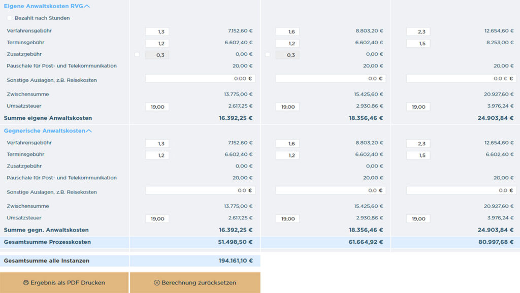 Prozesskostenrechner Screenshot, detaillierte Anwaltskosten