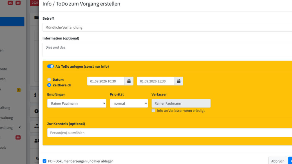 Software Erbrecht ToDo Termin Anlage