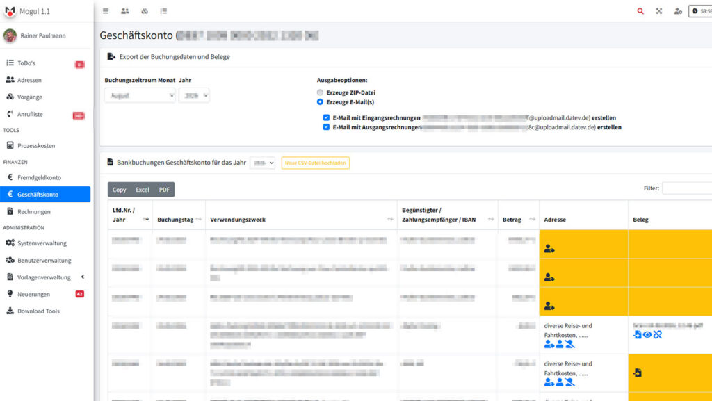 Software Erbrecht Verwaltung Geschäftskonto, Zuordnung Debitor, Kreditor und Beleg. Datev-Export