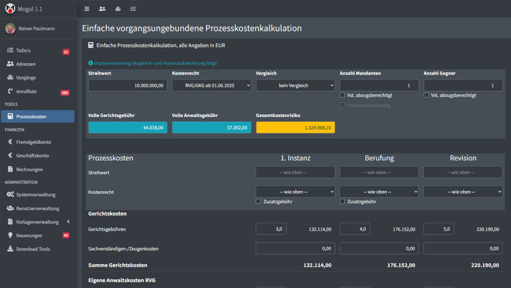 Software Erbrecht vorgangsgebundene Prozesskostenkalkulation, hier die Anwendung im Dark Mode