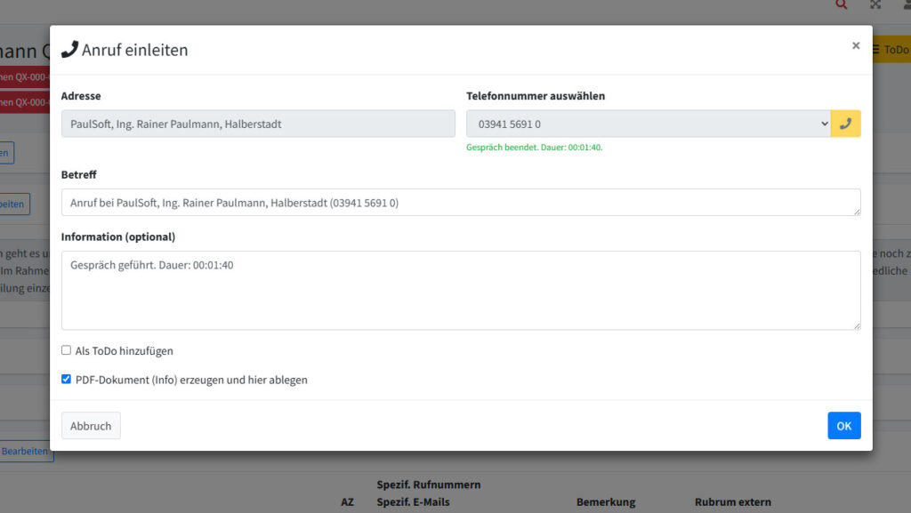 CTI Telefonunterstützung und Protokollierung, optionale Termin- und ToDo-Erzeugung