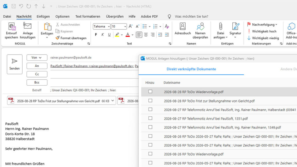Weiterverabeitung und Versand in Outlook, Ablage in der Datenbank