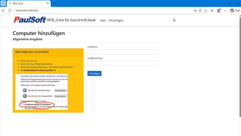 Wake On LAN Arbeitsplatz im Browser hinzufügen