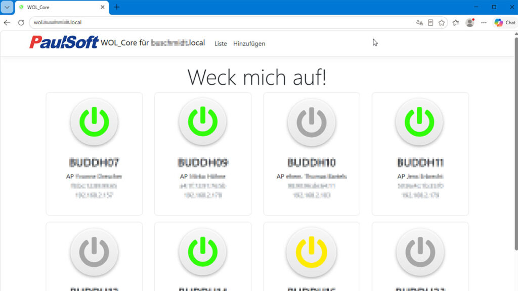 Wake On LAN Übersicht Arbeitsplätze im Browser starten